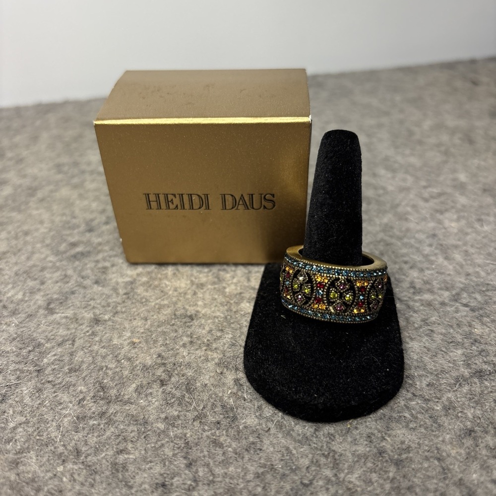 Heidi Daus Multiolor Crystal Statement Cocktail Ring Sze 10 Gold Tone w/Box